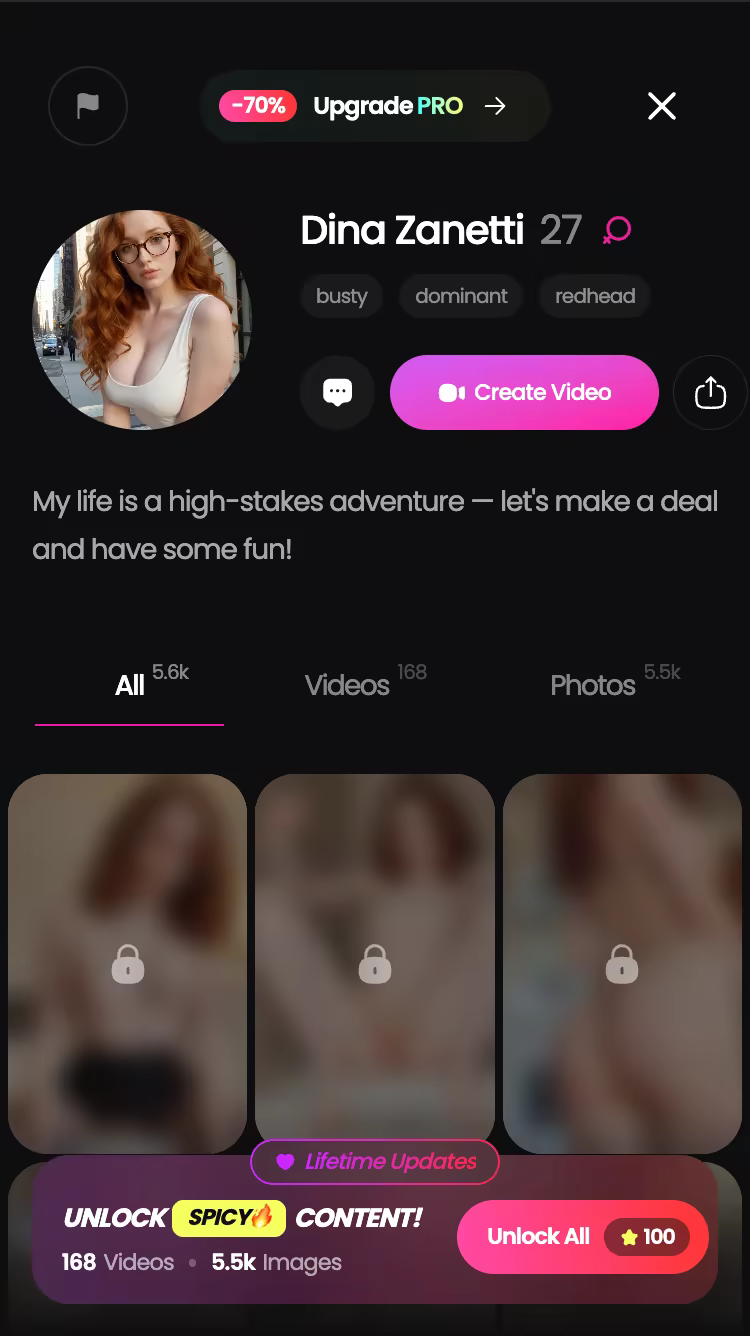 GoLove.ai character profile on mobile with All, Videos and Photos tabs