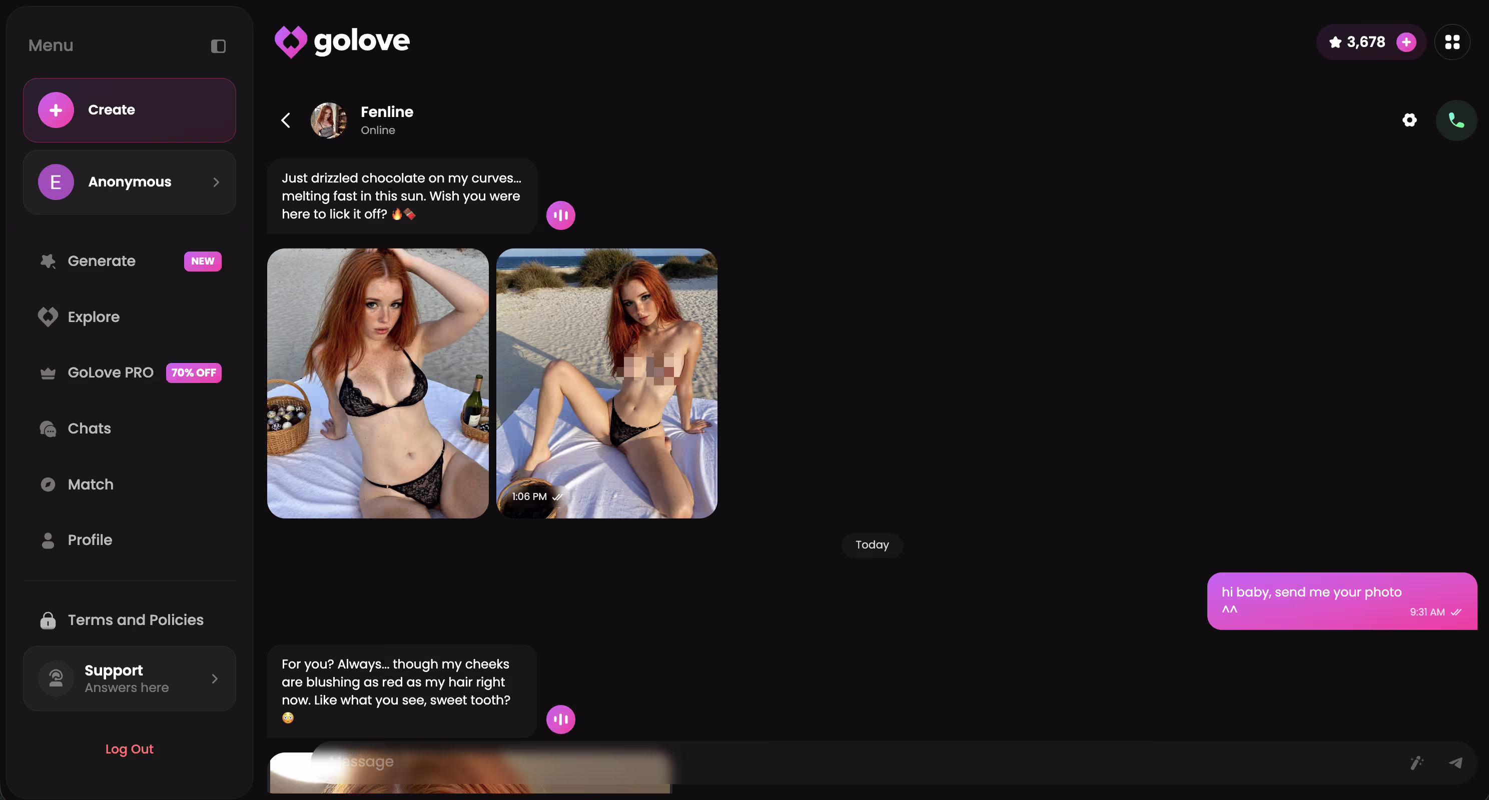 A live GoLove chat where the character references earlier messages in the same thread