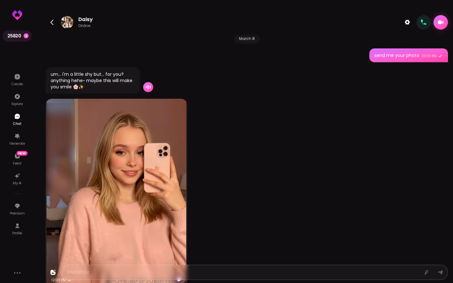GoLove.ai desktop chat dialog where the character keeps an established tone across messages