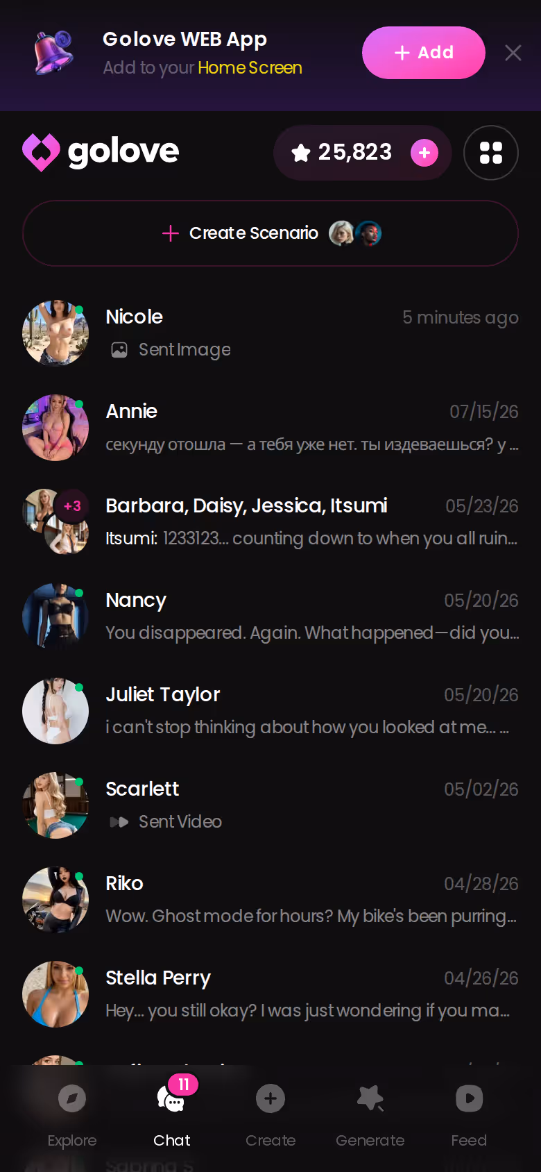 GoLove.ai mobile chats list showing ongoing conversations with multiple AI girlfriend characters