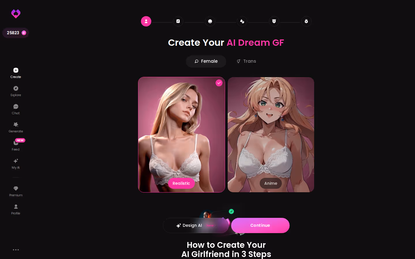 GoLove Create wizard start screen — choose Realistic, Anime or Trans before building a character