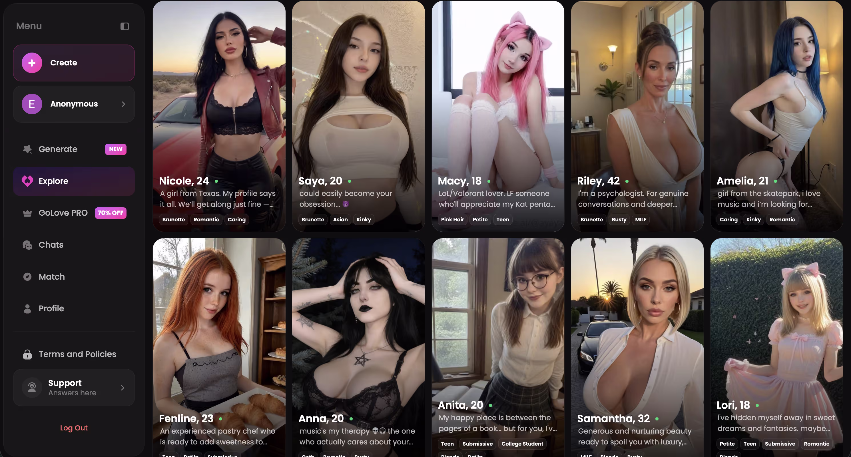 Explore page with realistic AI girlfriend roster — character ai vs replika