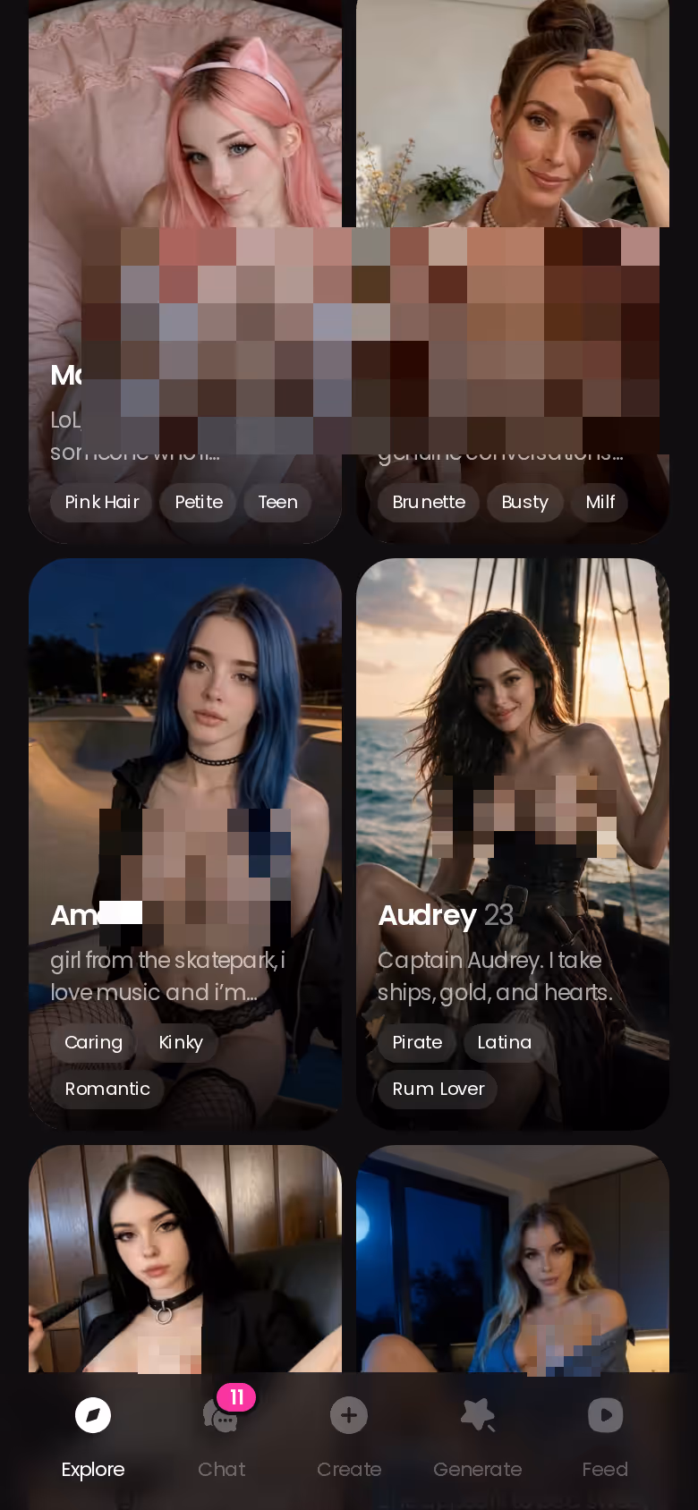 GoLove Explore page on mobile — realistic AI girlfriend characters, each one tap from chat
