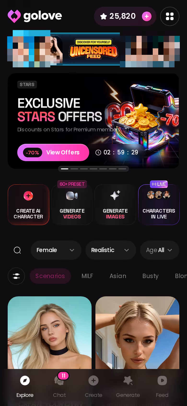 Mobile GoLove.ai Explore page with banners and character grid — joi ai companion app review