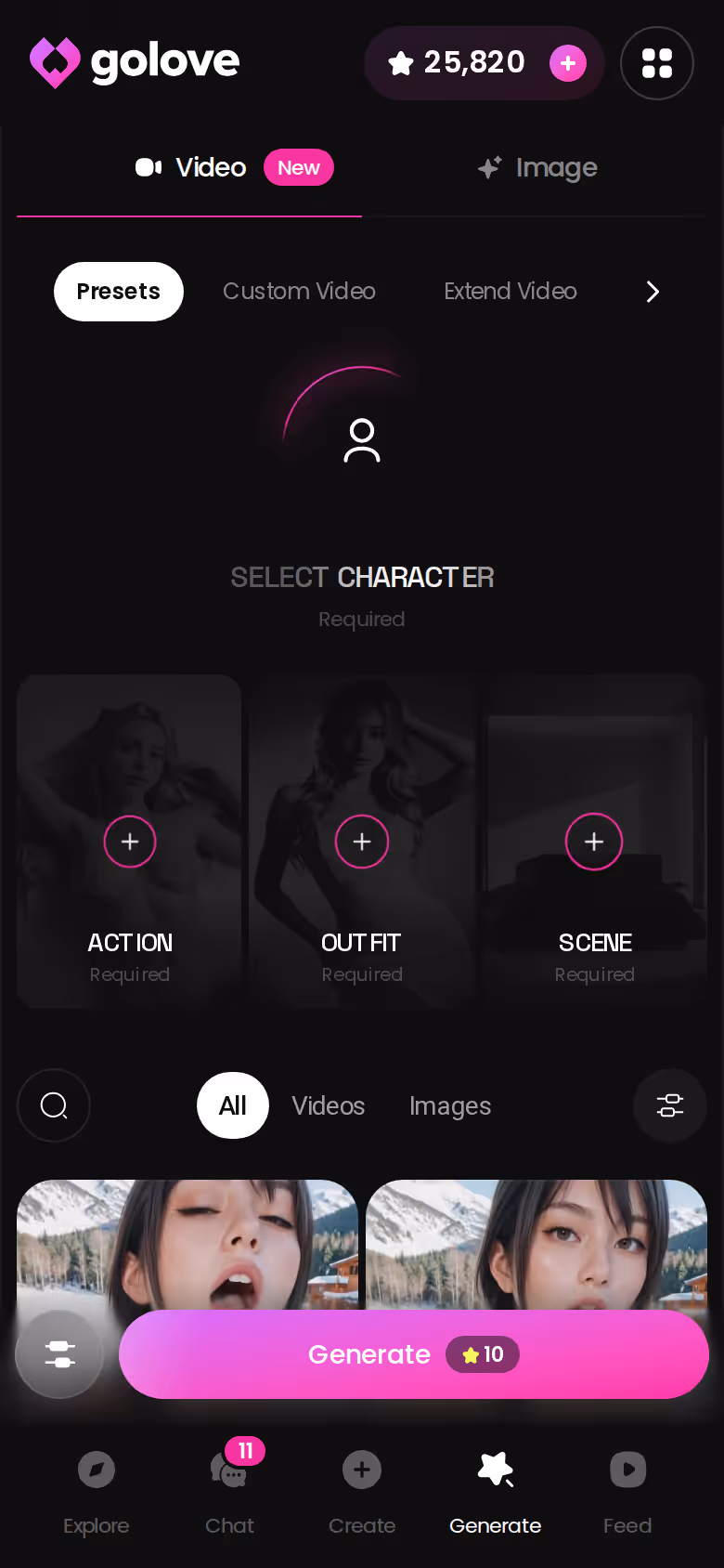GoLove Generate hub on mobile — poses, outfits and backgrounds selectable from the phone