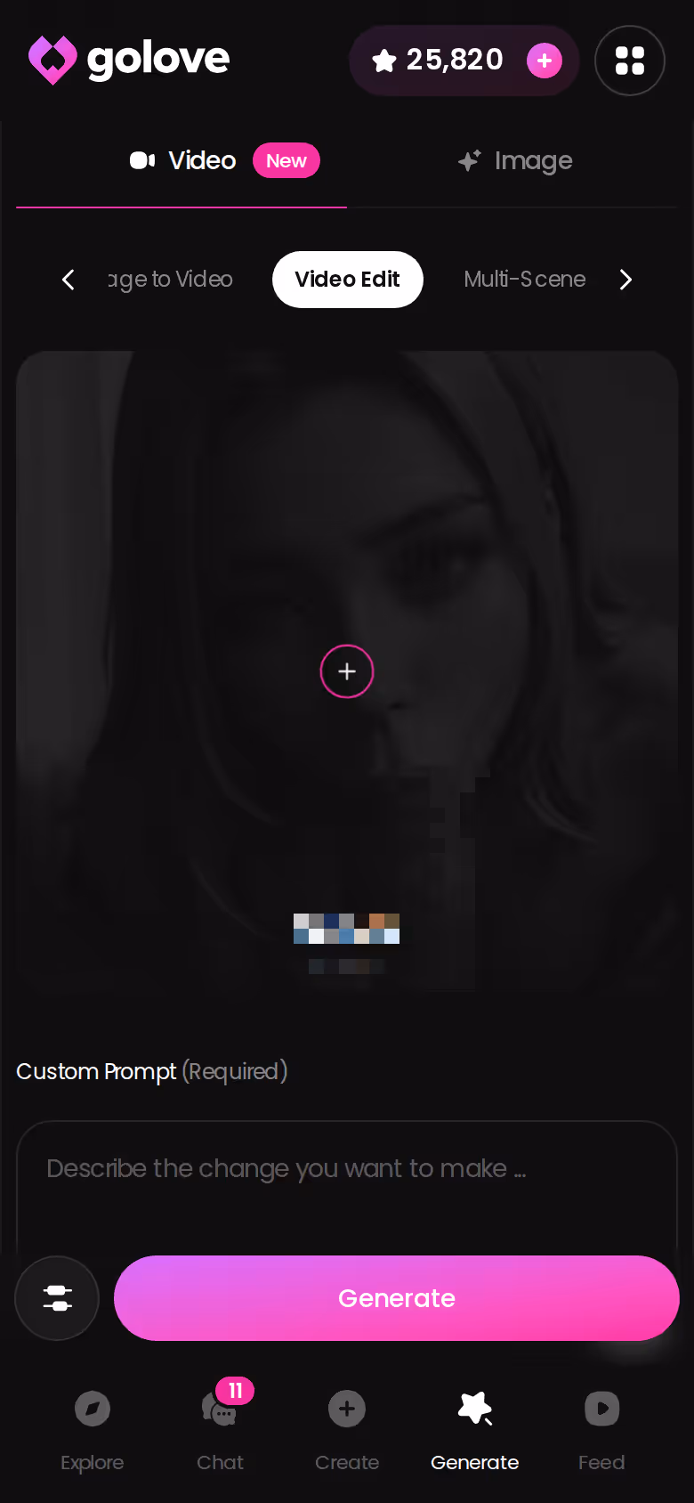 GoLove.ai mobile video generator editing screen with preset cards for a character
